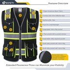 JKSafety 10 Pockets Hi-Vis Neon Color Frontal Zipper Mesh Safety Vest for Men Women Safety Utility for works Comply to ANSI/ISEA Standards (86-Black M)