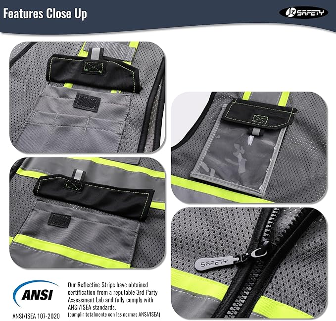 JKSafety Hi Vis Reflective Safety Vests for Men Women High Visibility Vest with Pockets Mesh Fabric Construction Safety Apparel Neon Vest for Work (220-Grey 3XL)