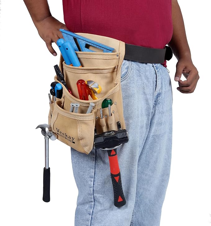 VEEKAY 10 Pockets Men Suede Leather Tool Pouch Beige and Brown Color Bags Fastener Carpenter's Nail & Tool Bag Heavy Duty Steel Hammer Loop, Belt Loop for Electrician Technician Installers