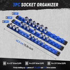 ALOANES Magnetic Socket Organizer Set, 3-Piece Heavy Duty Aluminum Socket Holder Socket Rail Organizer for Tool Box, 360° Swivel Clips Socket Rack 1/4, 3/8, 1/2-Inch x 40 Clips (Blue)