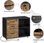 Yaheetech Filing Cabinet with Charging Station, Lateral File Cabinets Printer Stand with 3 Drawers, for Home and Office Black/Rustic Brown