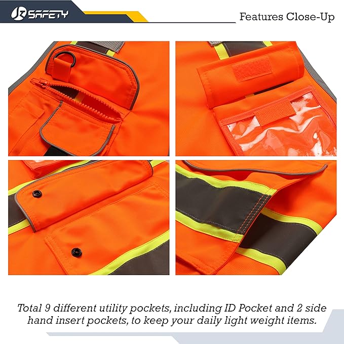 JKSafety 9 Pockets Hi-Vis Neon Orange Color Zipper Front Safety Vest with Fluorescent Yellow Extend Edge outlining the Reflective Tapes Meet ANSI/ISEA Class 2 Standard (901-Orange, 4X-Large)