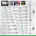 SK Ratcheting Wrench Set, Combination Wrench Set, 20-Piece, SAE 1/4" to 3/4", Metric 6 to 18mm, 72-Tooth, Premium CR-V Construction, with Rolling Pouch