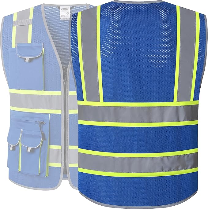 JKSafety 10 Pockets Hi-Vis Neon Color Frontal Zipper Mesh Safety Vest for Men Women Safety Utility for works Comply to ANSI/ISEA Standards (86-Blue 4XL)