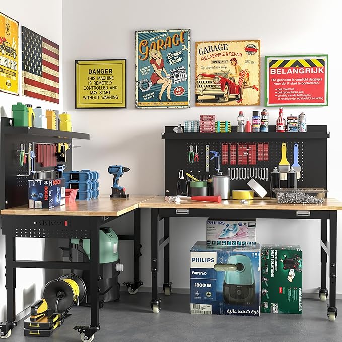 48" Heavy Duty Adjustable Workbench with Large Pegboard, Adjustable Work Table with Power Outlets & Lockable Wheels, Rubber Wood Workstation for Garage, Workshop, Office, Home, Commercial