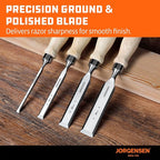 Jorgensen 4-Piece Wood Chisel Set, Chromium Alloy Steel Beveled Edge Wood Chisels, Wood Chisels for Woodworking, Ergonomic Hardwood Handle with Metal Ferrule, 1/4", 1/2", 3/4", 1"