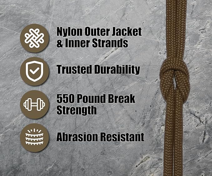 BORED? PARACORD! 550 lb Paracord - Ideal for Crafting, Camping, DIY Projects, Active & Military Outdoors - Strong Survival Rope - Tactical Parachute Cord Type III - Coyote Brown 100 Feet