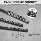 1/2-Inch Drive Magnetic Socket Organizer, Heavy Duty Aluminum Socket Rail Organizer, 360° Swivel Clips Socket Holder Kit for Tool Box, 1/2-Inch Socket Holder x 12 Clips (Black)