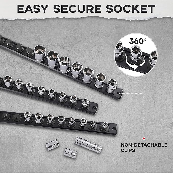3/8-Inch Drive Magnetic Socket Organizer, Heavy Duty Aluminum Socket Rail Organizer, 360° Swivel Clips Socket Holder Kit for Tool Box, 3/8-Inch Socket Holder x 14 Clips (Black)