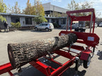Gas-Powered Sawmill - 15HP 420cc, Cuts 32" Diameter Logs into 32"x7"x188.74" Planks, 160.63" Blade, 19.68FT Rail, 2 Tires, Trailer Hitch, Taillights, Quick Up/Down Sawhead, Red Steel