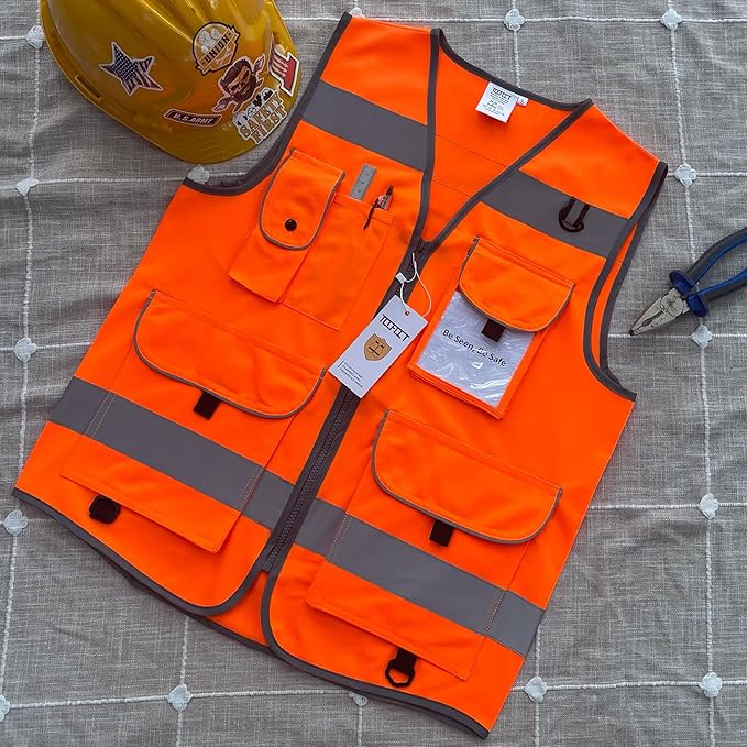 TCCFCCT Reflective Safety Vest 9 Pockets High Visibility Vest for Men Women, Hi Vis Construction Work Vest with Reinforced Sewing, Durable to Use, Meets ANSI/ISEA Standards, (Orange, 5X-Large)