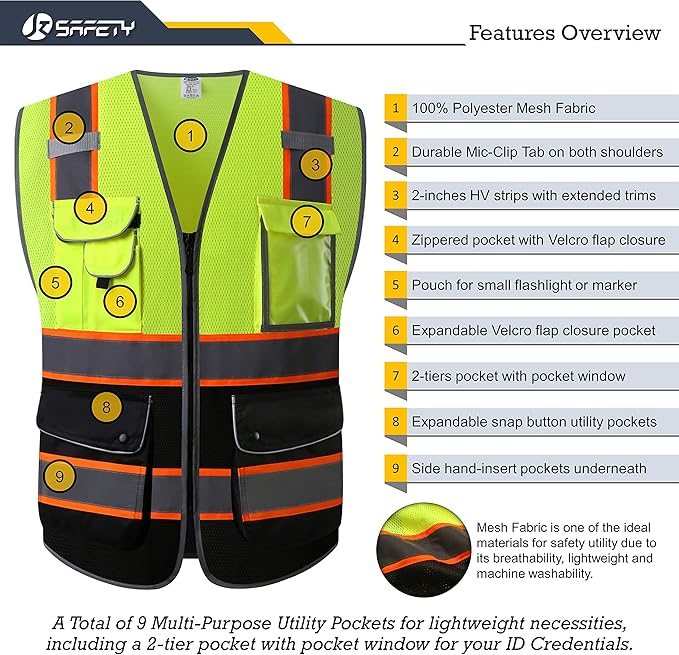 JKSafety 9 Pockets Class 2 High Visibility Dual Color Zipper Front MESH Lite Safety Vest | Orange Color Triming Reflective Strip | ANSI/ISEA Standards (100-Yellow-Black, L)