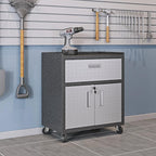 Manhattan Comfort Fortress Textured Metal 31.5" Garage Mobile Cabinet with 1 Full Extension Drawer and 2 Adjustable Shelves, Black/Gray