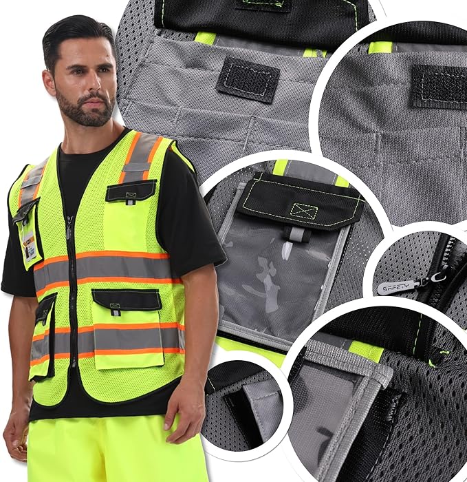 JKSafety Hi Vis Reflective Safety Vests for Men Women High Visibility Vest with Pockets Mesh Fabric Construction Safety Apparel Neon Vest for Work (220-Grey XXL)