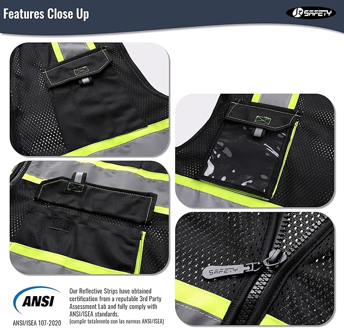 JKSafety Hi Vis Reflective Safety Vests for Men Women High Visibility Vest with Pockets Mesh Fabric Construction Safety Apparel Neon Vest for Work (220-Black 3XL)