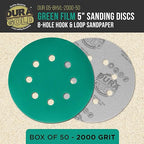 Dura-Gold Premium 2000 Grit 5" Green Film Sanding Discs, 8-Hole Pattern, Box of 50 - Dustless Hook & Loop Backing Sandpaper for DA & Random Orbital Sander, Detail Color Sand Auto Paint Wood Furniture
