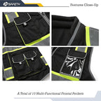 JKSafety 10 Pockets Hi-Vis Zipper Front Black Safety Vest | Cushioned Collar | High Reflective Tapes with Extended Neon Yellow Strips | Meets ANSI/ISEA Standards (5X-Large, 89-Black)