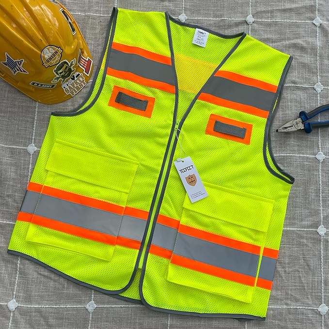 TCCFCCT Mesh Safety Vest for Men Women with Pockets High Visibility Reflective Vest for Safety, Work Vest with Fluorescent Orange Extend Edge, Meets ANSI/ISEA Standards, Yellow, XXL