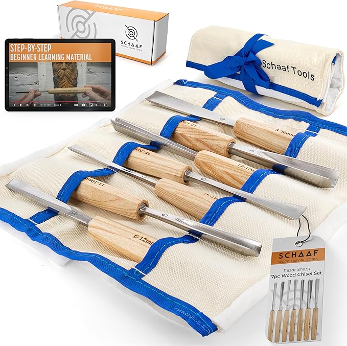 High-Quality Wood Carving Tools Set of 7 Chisels and Gouges with Canvas Case, Razor Sharp CR-V 60 Steel Woodworking Tools, Perfect Wood Carving Chisel Set for Beginners and Professionals from Schaaf