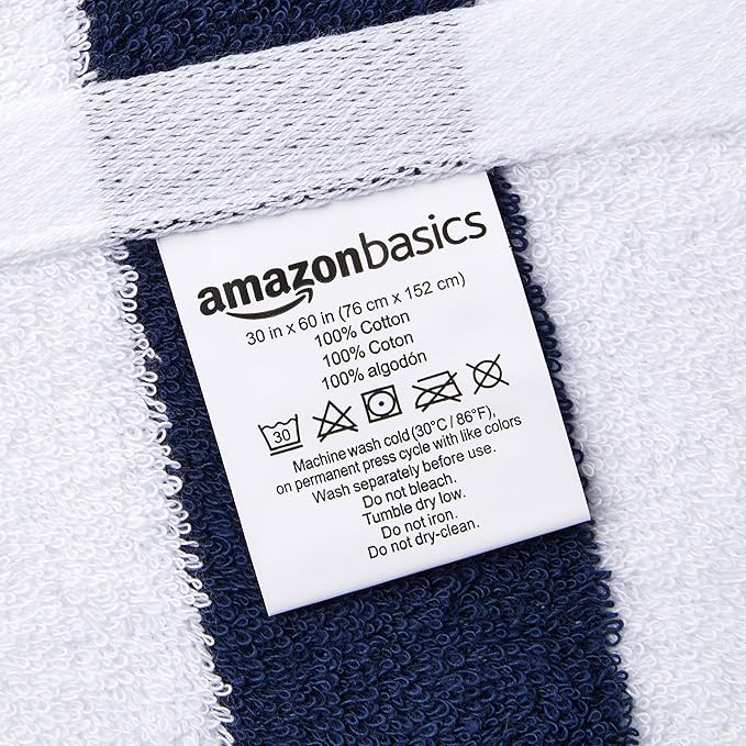 Amazon Basics 100% Cotton Terry Absorbent Cabana Stripe Pool & Beach Towels, Soft, Large, and Thick, 2-Pack, Navy Blue, 30 in x 60 in