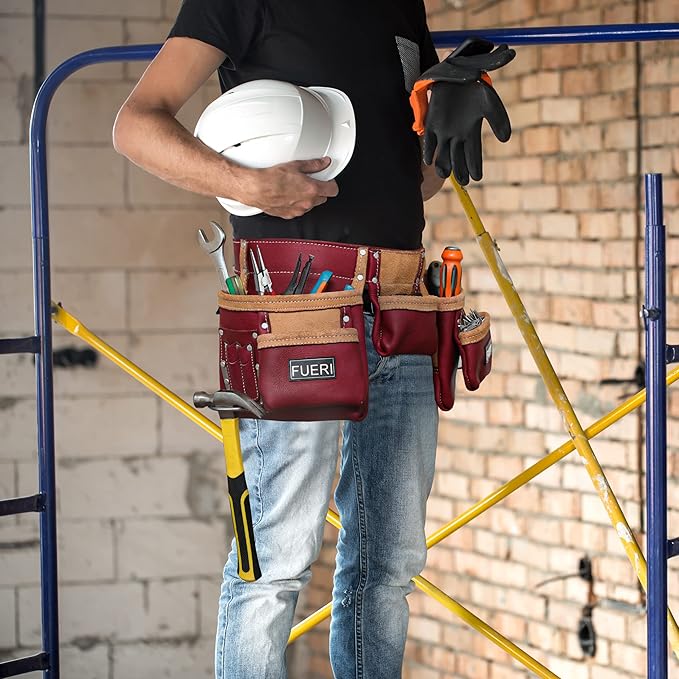 FUERI Leather Tool Belt Bag Men Pouch Heavy Duty Tools Pouches Organizer for Carpenter Construction Electrician Belts Bags Holder (11 Pocket Maroon, Adjustable)