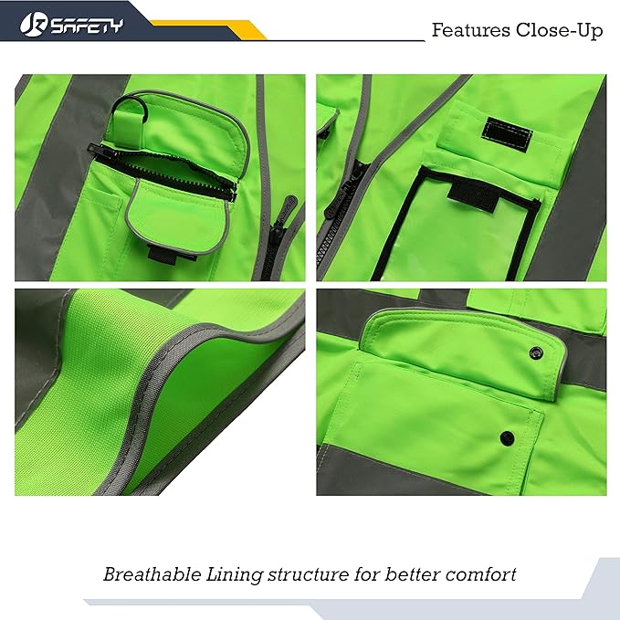 JKSafety 9 Pockets Class 2 High Visibility Zipper Front Safety Vest With Reflective Strips, Meets ANSI/ISEA Standards (150-Green, XX-Large)