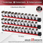 ALOANES 3-Piece Magnetic Socket Organizer, Heavy Duty Aluminum Socket Rails Organizer with 33 Stainless Clips (1/2-Inch) - Red