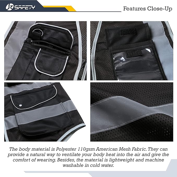 JKSafety 9 Pockets High Visibility Safety Vest for Men and Women, Hi-Vis Reflective Black Safety Vests with Zipper Front, Meet ANSI/ISEA Standards (159-Black XL)