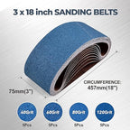3 x 18 Inch Zirconia Sanding Belts, 20Pcs 5 Each of 40/60/80/120 Assorted Grits, Belt Sander Sanding Belt for Knife Blade Sharpening, Metal Polishing, Derusting, Woodworking