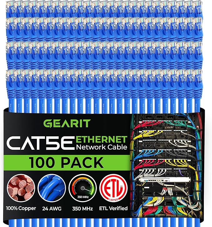 GearIT 100-Pack, Cat5e Ethernet Patch Cable 2 Feet - Snagless RJ45 Computer LAN Network Cord, Blue