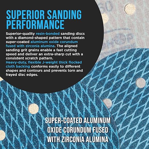 Premium 400 Grit 6" Rhombus Diamond Shape Blue Sanding Discs, 6-Hole, Box of 50 - Hook & Loop Anti-Clogging J-Cloth Dustless Sandpaper for Random Orbital Sanders, Sand Auto Paint, Wood