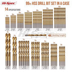Hi-Spec Tools Drill Bit Set 99pc SAE HSS Steel for Drill Drivers - 1/16 to 3/8" Drill Bits for Metal, Plastics, Wood, Drywall - Complete Bits Sets with Storage Holder Case