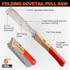 JORGENSEN Japanese Pull Saw, 6 Inch Pro Folding Dovetail Saw with Beech Wood Long handle, SK5 Steel Blade Tool-less Quick Change, 21TPI Cross Cut Woodworking Handsaw for Hardwood, Softwood