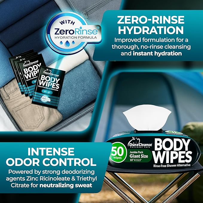 After Gym Body Wipes for Men (4pk) - 200 XL No Rinse Shower Wipes + 16 Travel Bath Sheets - 9"x12" - Mens Deodorant Disposable Washcloths for Bathing, Camping Essentials, Survival Gear and Supplies