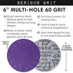 6-Inch 60 Grit Ceramic Multi-Hole Hook & Loop Sanding Discs - Advanced Grain for Fast Cutting & Long Life - Film-Backed Universal Fit Sandpaper for 6-in Sanders - 25 Pack Box