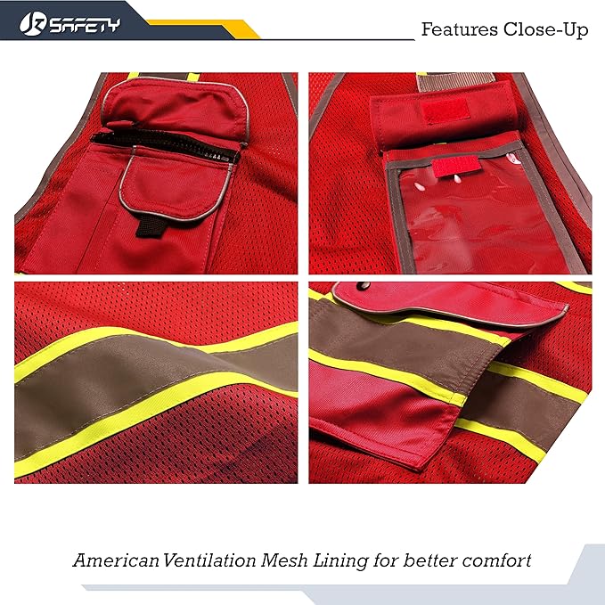 JKSafety 9 Pockets Hi-Vis Neon Red Zipper Front MESH Safety Vest with Fluorescent Yellow Extend Edge outlining the Reflective Tapes Meet ANSI/ISEA Class 2 Standard (100-Red, Large)