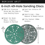 6-Inch 49-Hole 100 Grit Sanding Discs - Heavy-Duty Hook & Loop Film Discs - Sandpaper for Random Orbital Sanders - 50 Pack Box