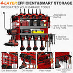 Homecor Power Tool Organizer Wall Mount with Charging Station, 4-Layer Drill Holder Heavy Duty Metal Storage Rack for Garage Organization Drill Storage Shelf, Fathers Day Dad Gifts for Dad Husband