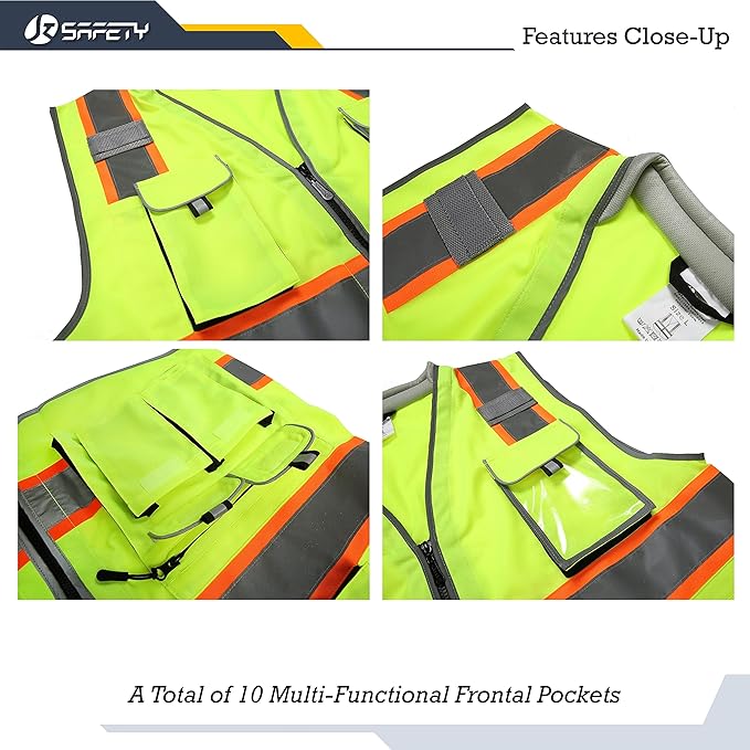 JKSafety 10 Pockets Class 2 Hi-Vis Zipper Front Yellow Safety Vest | Cushioned Collar | High Reflective Tapes with Extended Neon Orange Strips | Meets ANSI/ISEA Standards (Medium, 89-Yellow)