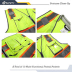 JKSafety 10 Pockets Class 2 Hi-Vis Zipper Front Yellow Safety Vest | Cushioned Collar | High Reflective Tapes with Extended Neon Orange Strips | Meets ANSI/ISEA Standards (X-Large, 89-Yellow)