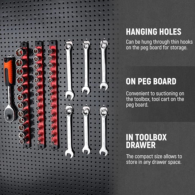 ALOANES Magnetic Socket Organizer, 1/4-Inch Drive Aluminum Socket Holder Socket Tray, Heavy Duty Socket Rail Organizer for Tool Box Drawer, 360°Swivel Clips Socket Rack 1/4-Inch x 14 Clips (Red)