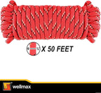 Wellmax Diamond Braid Nylon Rope, 3/8 in X 50 Foot, UV Resistant, High Strength and Weather Resistant - Red