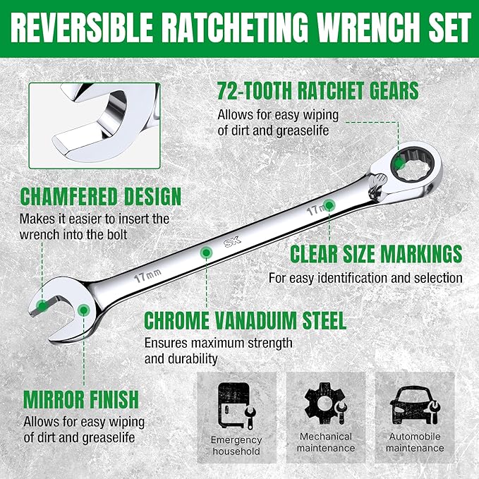 SK Reversible Ratcheting Wrench Set, Combination Wrench Set, 8-Piece, Metric, 72-Tooth, Premium CR-V Construction, with Rack Organizer