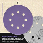 Dura-Gold Premium 320 Grit 5" Purple Film Ceramic Sanding Discs, 8-Hole Pattern, Box of 50 - Dustless Hook & Loop Backing Sandpaper for DA & Random Orbital Sanders - Sand Auto Paint, Wood, Woodworking