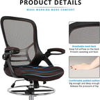 HYLONE Drafting Chair, Tall Office Chair Standing Desk Chair Brown Mesh High-Back Drafting Stool with Flip-Up Arms, Adjustable Foot Ring, Brown
