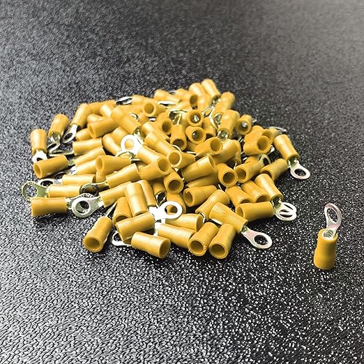 ANGSTROM #6 Bolt Ring Terminals, Insulated Electrical Crimp Connectors 100pcs (12-10ga Yellow)