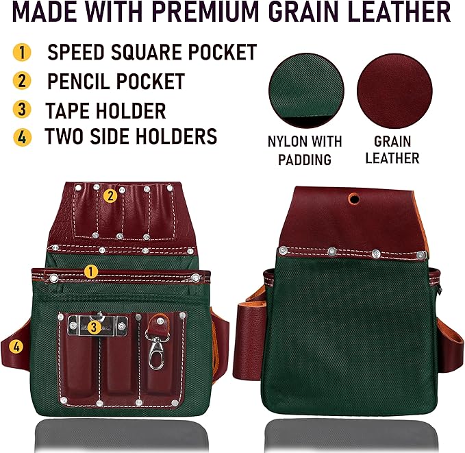 FUERI Nylon Leather Tool Belt Suspender Men Heavy Duty 26 Pocket Tools Bags Pouches Holder Organizer for Carpenter Construction Electrician Framer (Green & Maroon Tool Belt Set, Large 36" - 42")