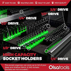 Olsa Tools Magnetic Socket Organizer | 6 Piece Socket Holder Set | 1/2-inch, 3/8-inch, & 1/4-inch Drive | Metric Black, SAE Green | Holds 143 Sockets | Professional Quality Tool Organizers