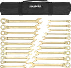 20 Pc. 6-Point SAE, Metric 15° Offset Vintage G-Plating Reversible Non-Slip Long Pattern Ratcheting Combination Wrench Set (5/16" -3/4" & 8-19 mm)
