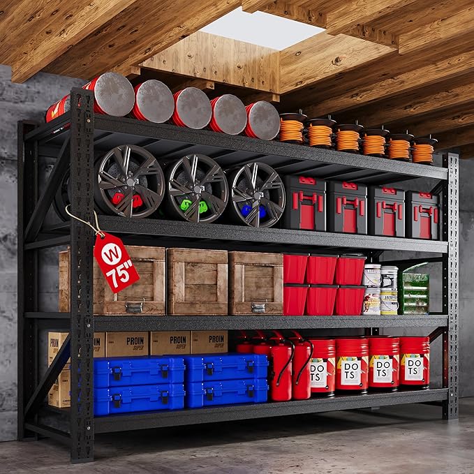 75” W Heavy Duty Metal Shelf, 8000LBS Metal Garage Shelving Units, 4 Tier Storage rack shelves, Steel Industrial Shelving , Adjustable Standing Shelf for Basement/Warehouse 75"W x 24"D x 70"H, Black